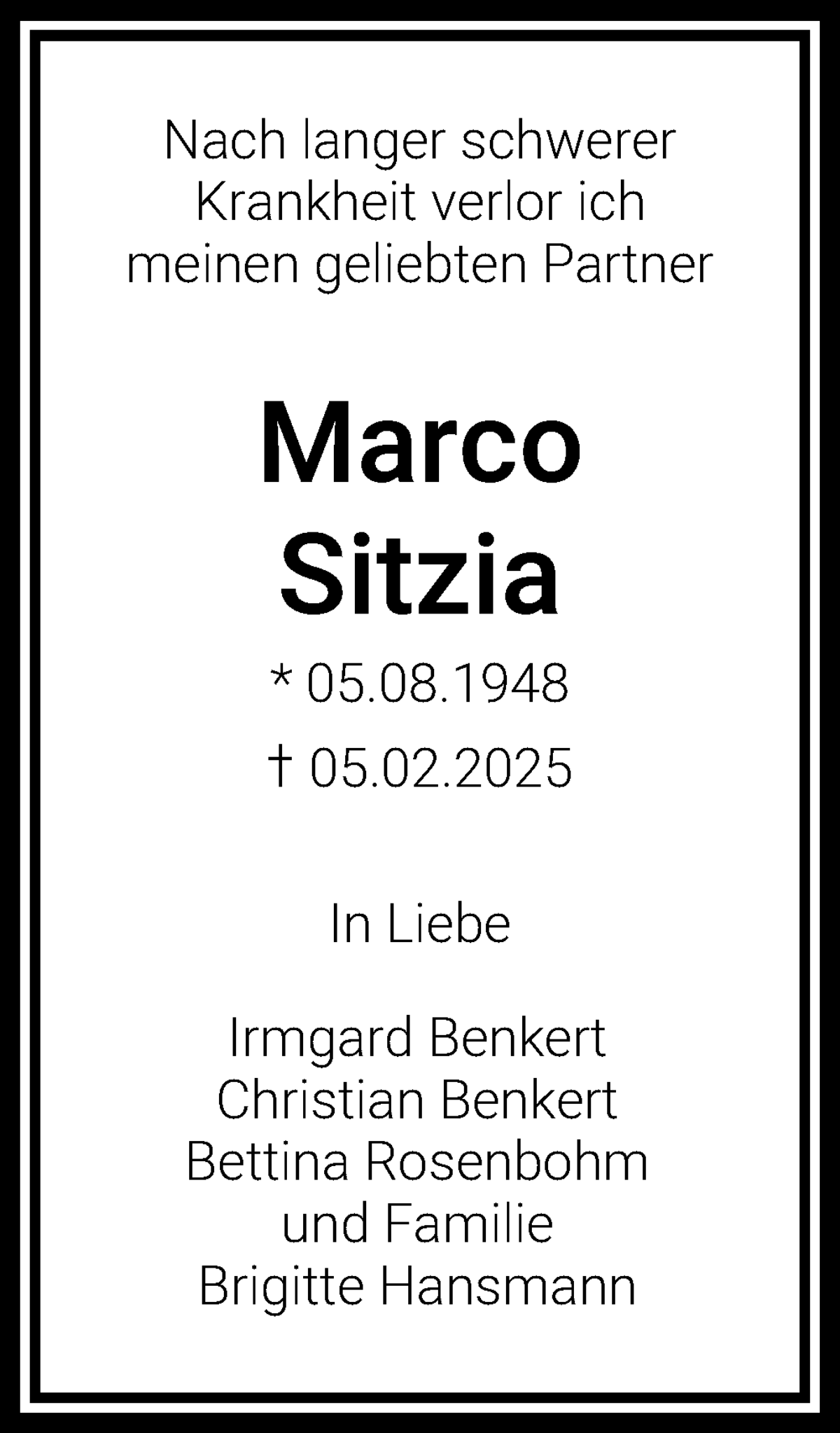 Traueranzeige von Marco Sitzia von WESER-KURIER