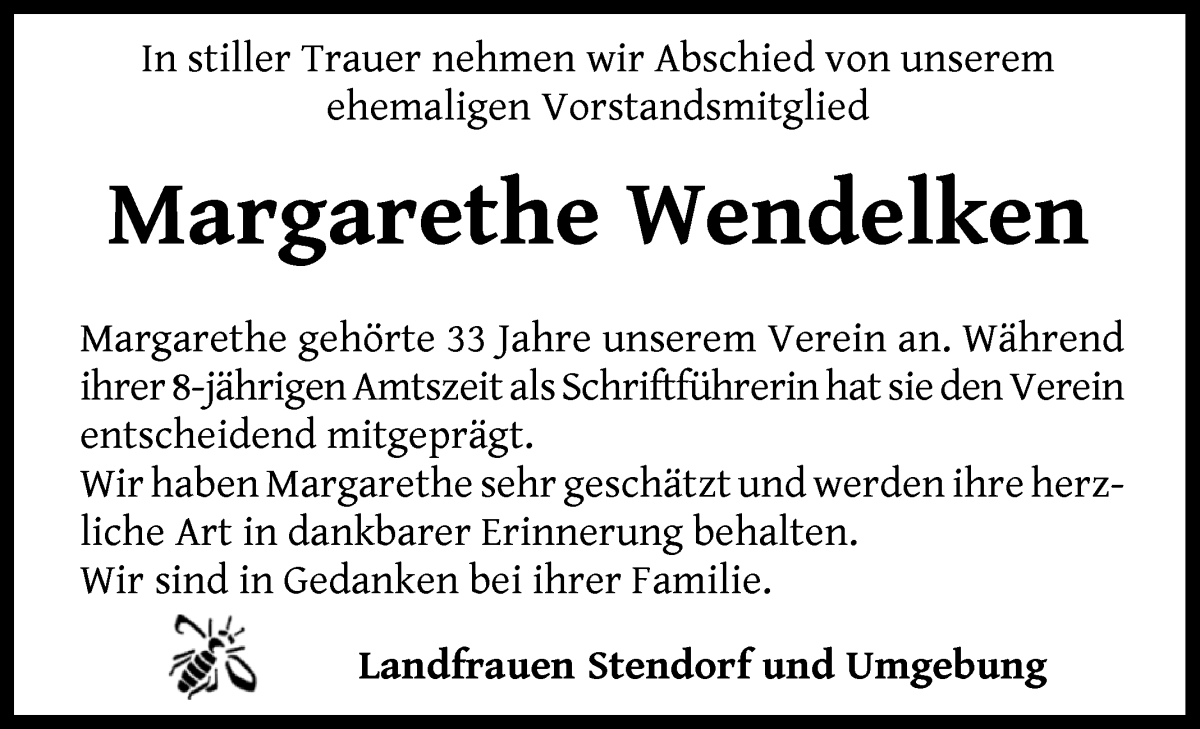 Traueranzeige von Margarethe Wendelken von Die Norddeutsche