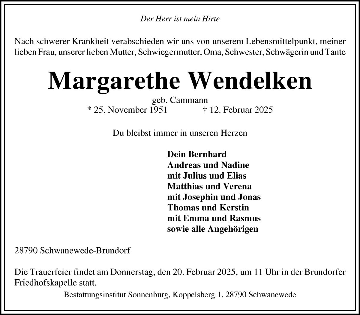 Traueranzeige von Margarethe Wendelken von Die Norddeutsche