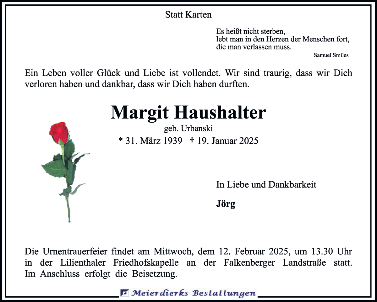 Traueranzeige von Margit Haushalter von Wuemme Zeitung