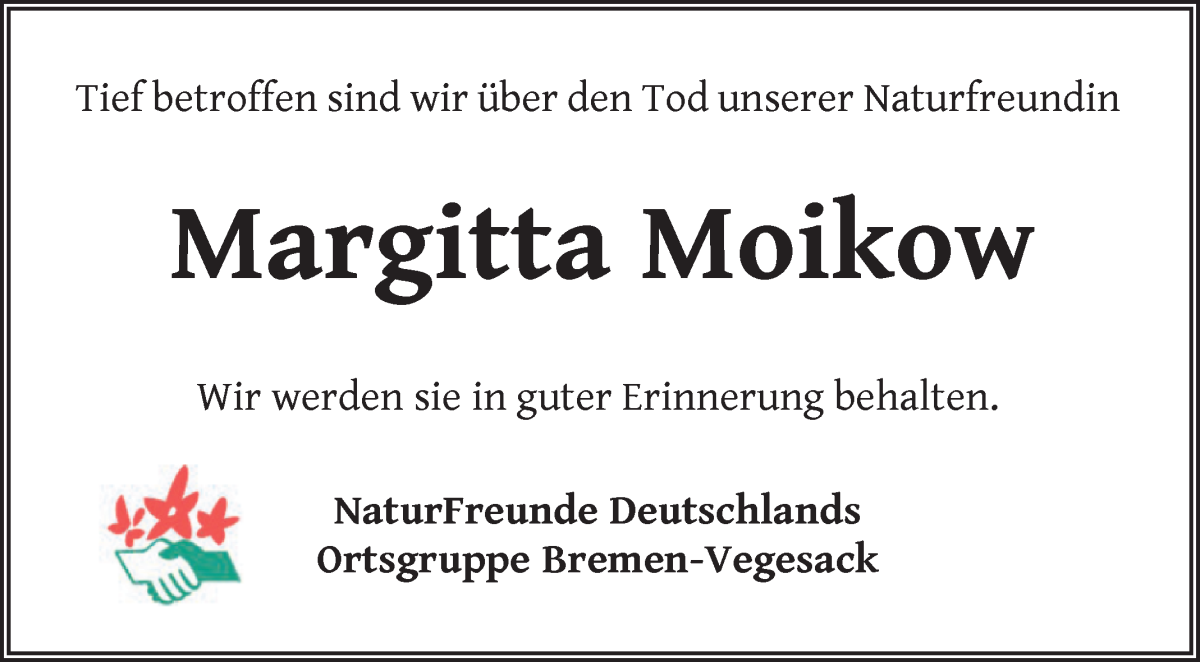 Traueranzeige von Margitta Moikow von Die Norddeutsche