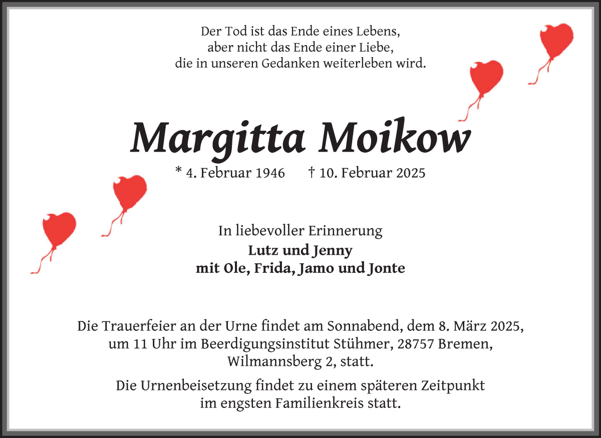 Traueranzeige von Margitta Moikow von Die Norddeutsche
