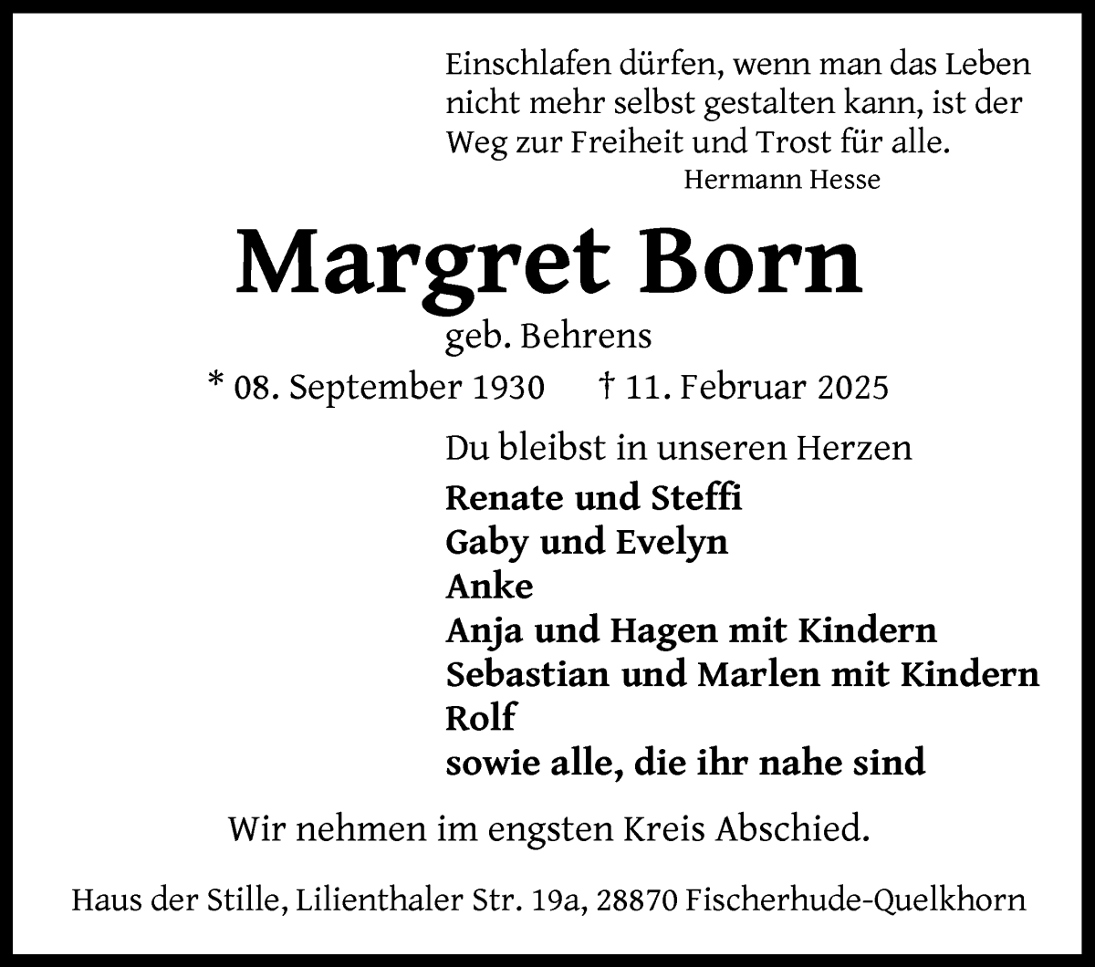 Traueranzeige von Margret Born von WESER-KURIER