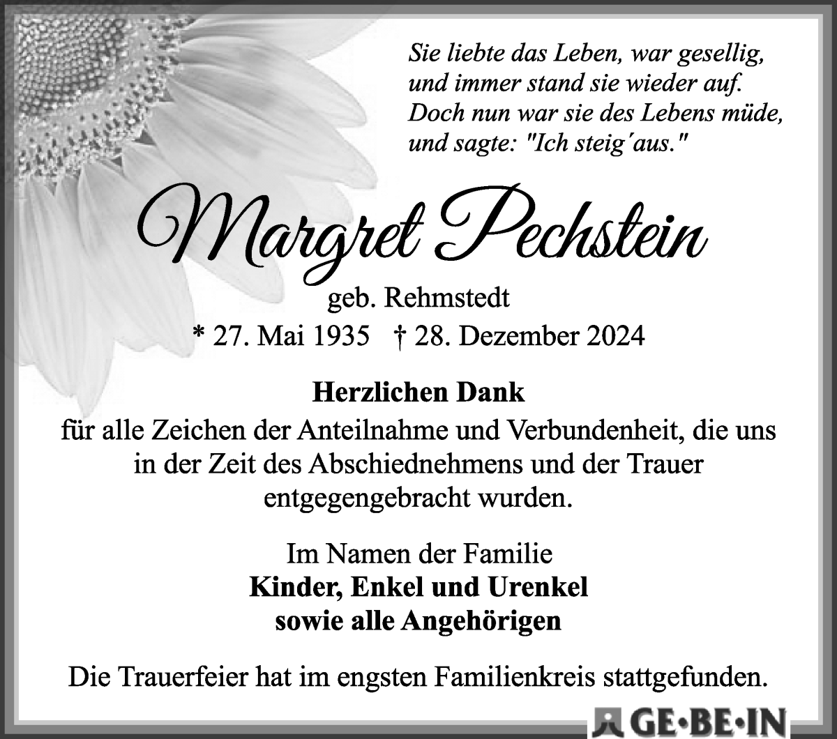 Traueranzeige von Margret  Pechstein von WESER-KURIER