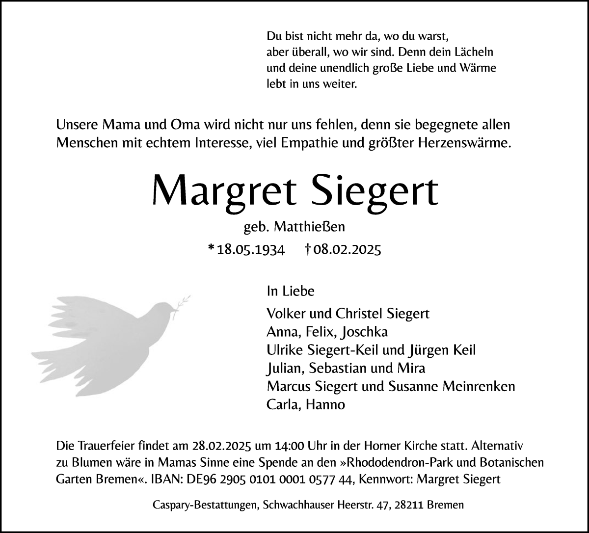 Traueranzeige von Margret Siegert von WESER-KURIER