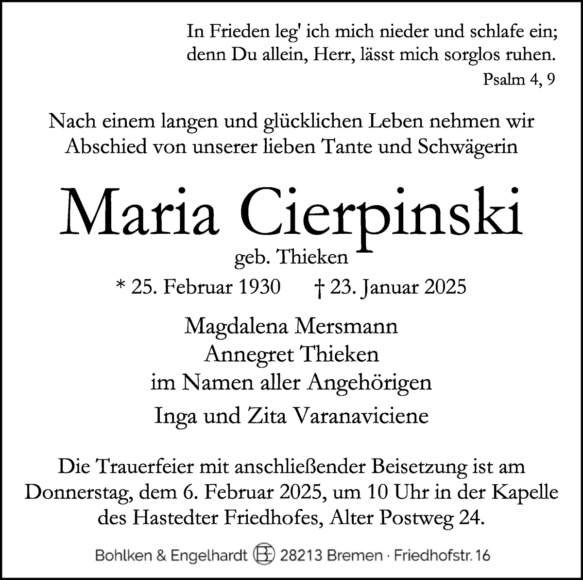 Traueranzeige von Maria Cierpinski von WESER-KURIER