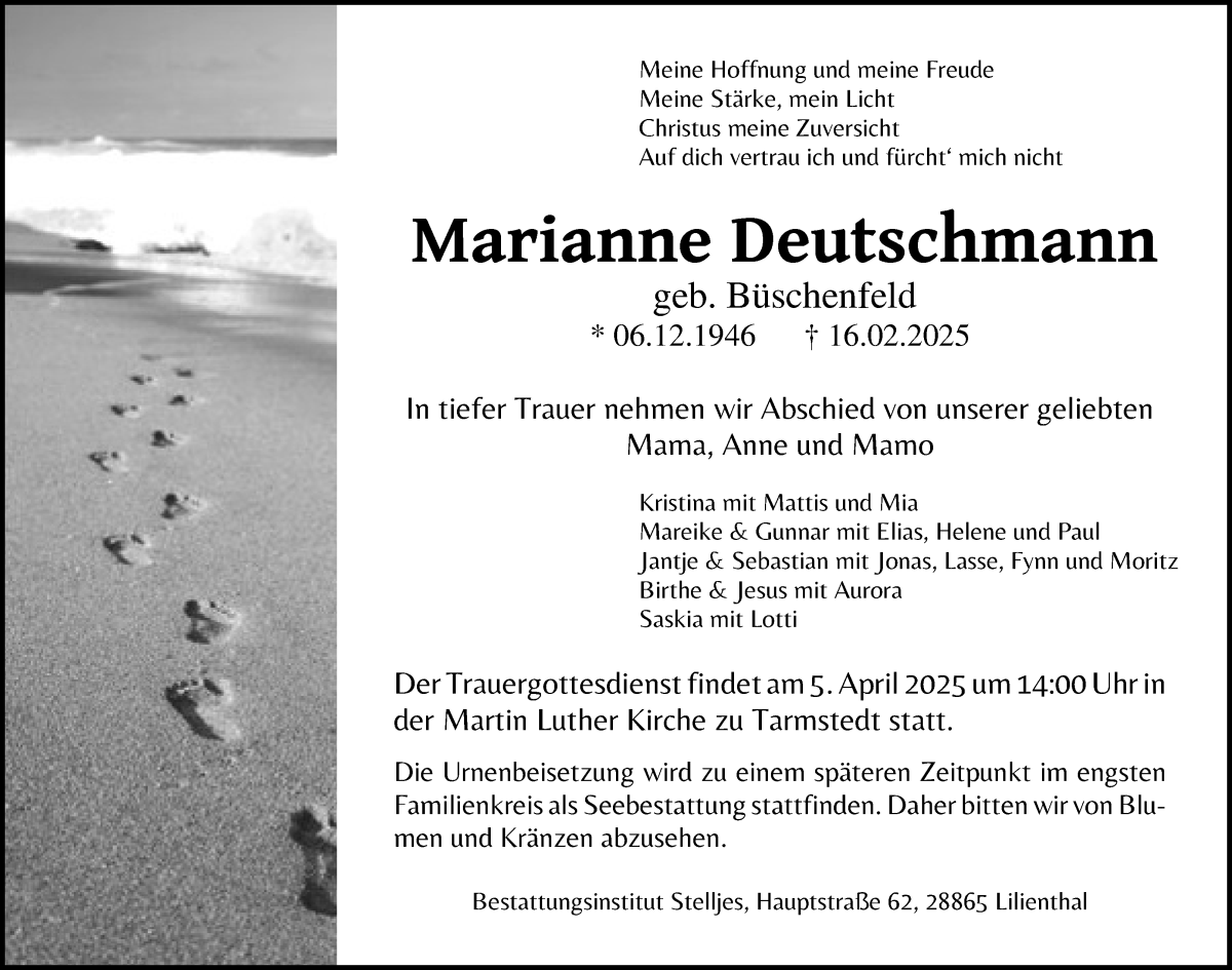 Traueranzeige von Marianne Deutschmann von Wuemme Zeitung