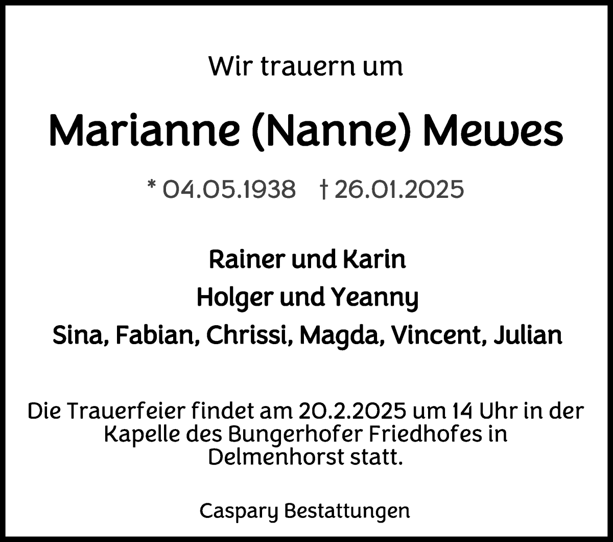 Traueranzeige von Marianne Mewes von WESER-KURIER