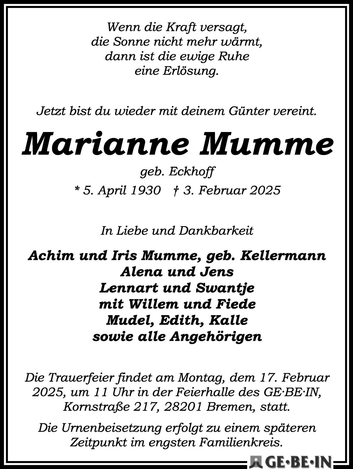 Traueranzeige von Marianne Mumme von WESER-KURIER