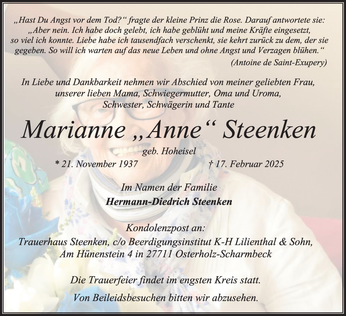 Traueranzeige von Marianne Steenken von Osterholzer Kreisblatt