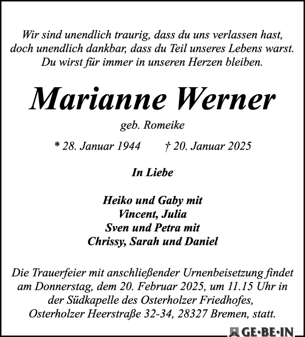 Traueranzeige von Marianne Werner von WESER-KURIER