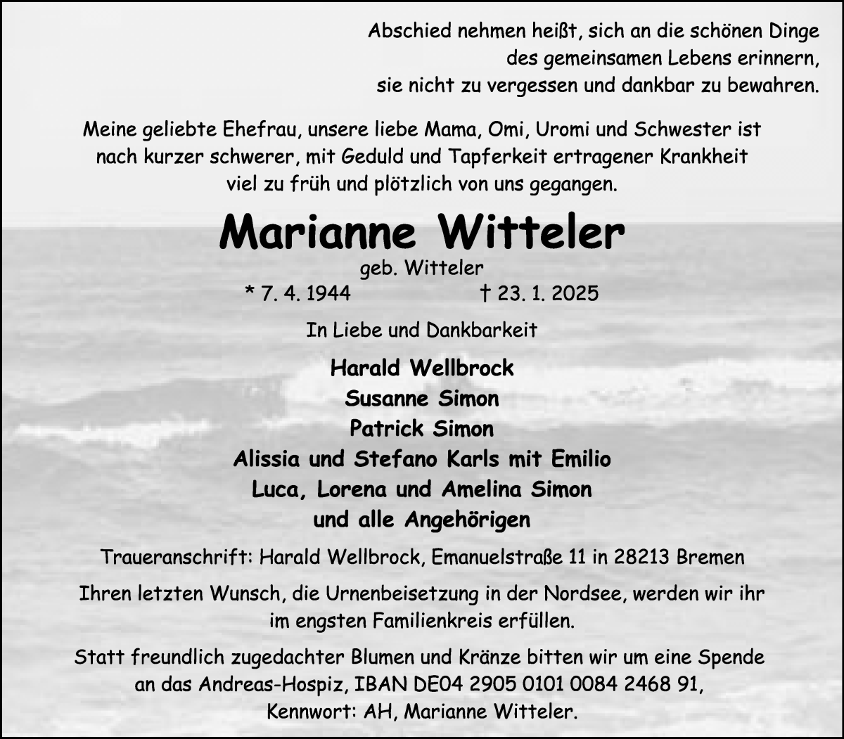 Traueranzeige von Marianne Witteler von WESER-KURIER