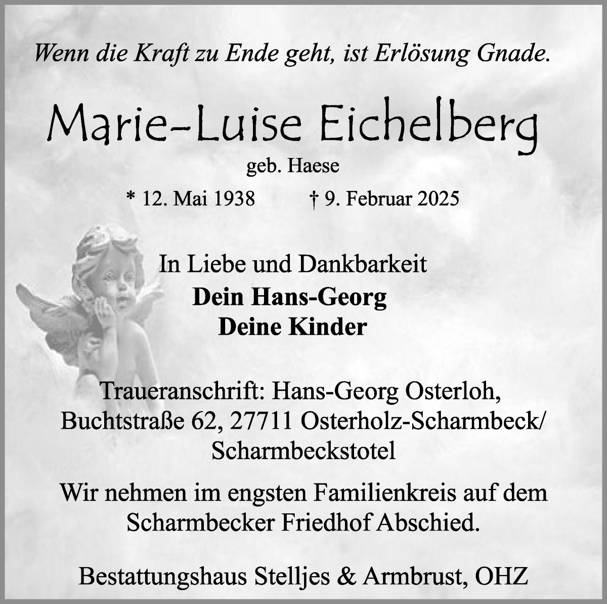 Traueranzeige von Marie-Luise Eichelberg von Osterholzer Kreisblatt