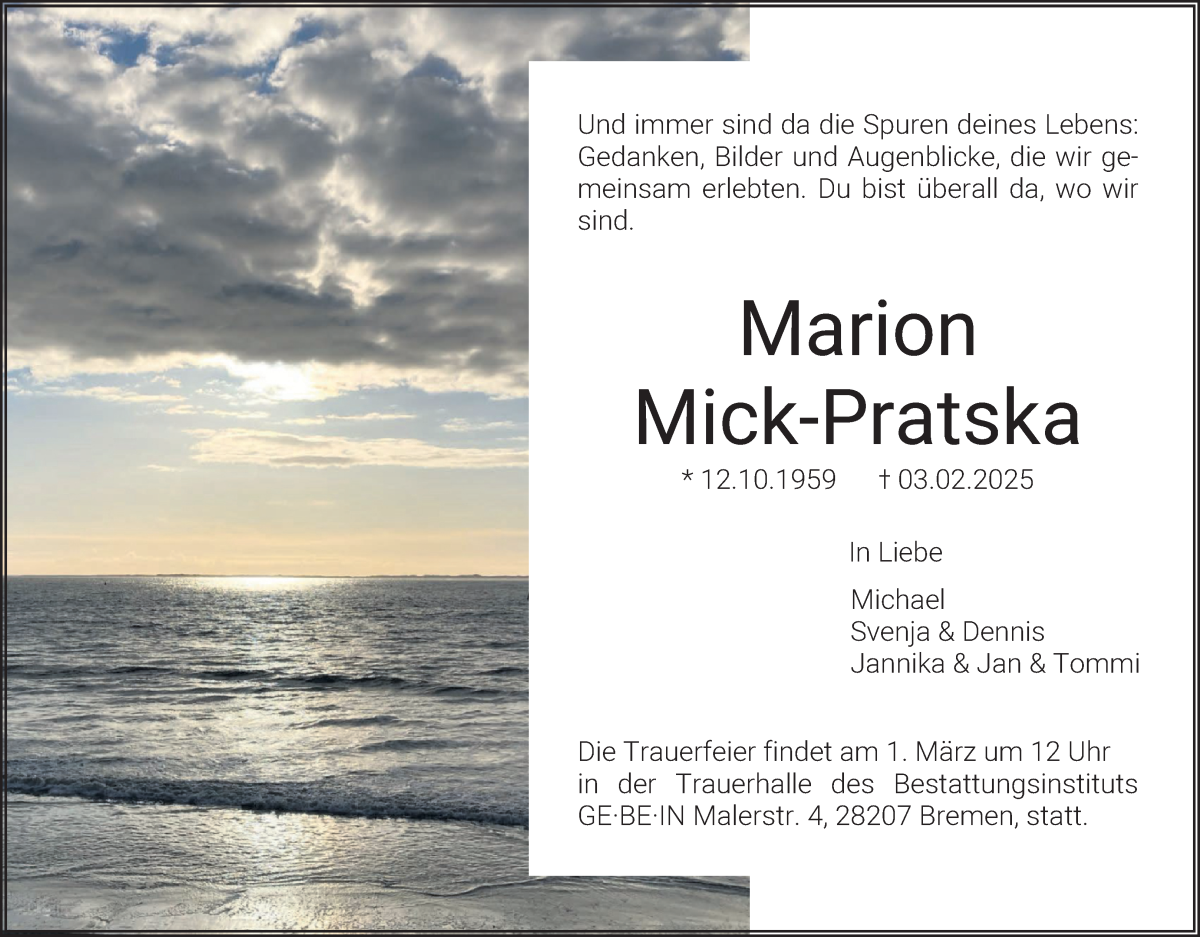 Traueranzeige von Marion Mick-Pratska von WESER-KURIER
