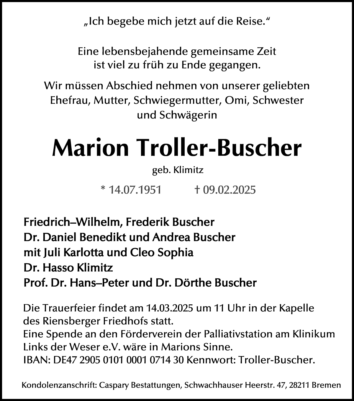 Traueranzeige von Marion Troller-Buscher von WESER-KURIER