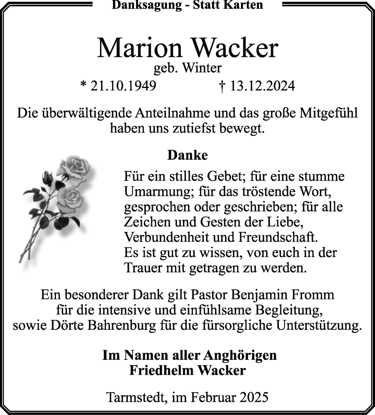 Traueranzeige von Marion Wacker von Wuemme Zeitung