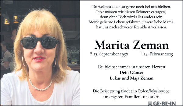 Traueranzeige von Marita Zeman von WESER-KURIER