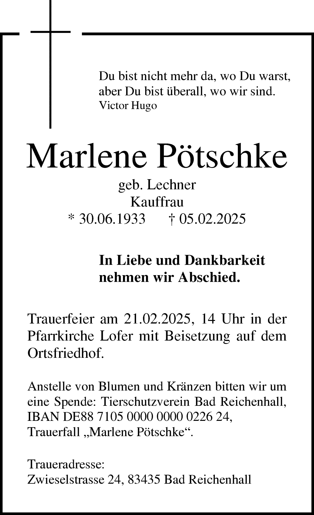Traueranzeige von Marlene Pötschke von WESER-KURIER