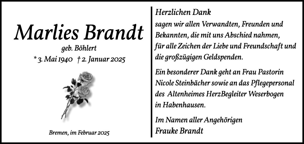 Traueranzeige von Marlies Brandt von WESER-KURIER