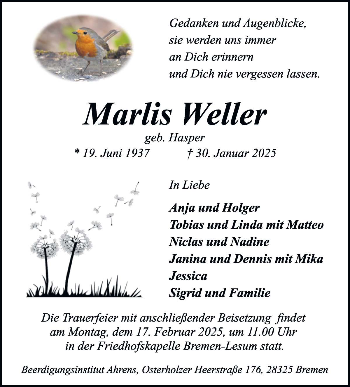 Traueranzeige von Marlis Weller von Osterholzer Kreisblatt