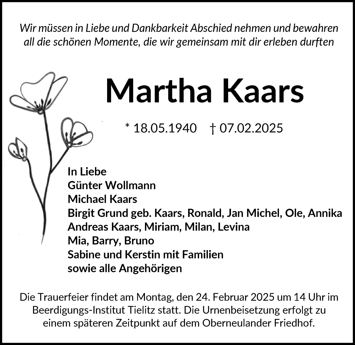 Traueranzeige von Martha Kaars von WESER-KURIER
