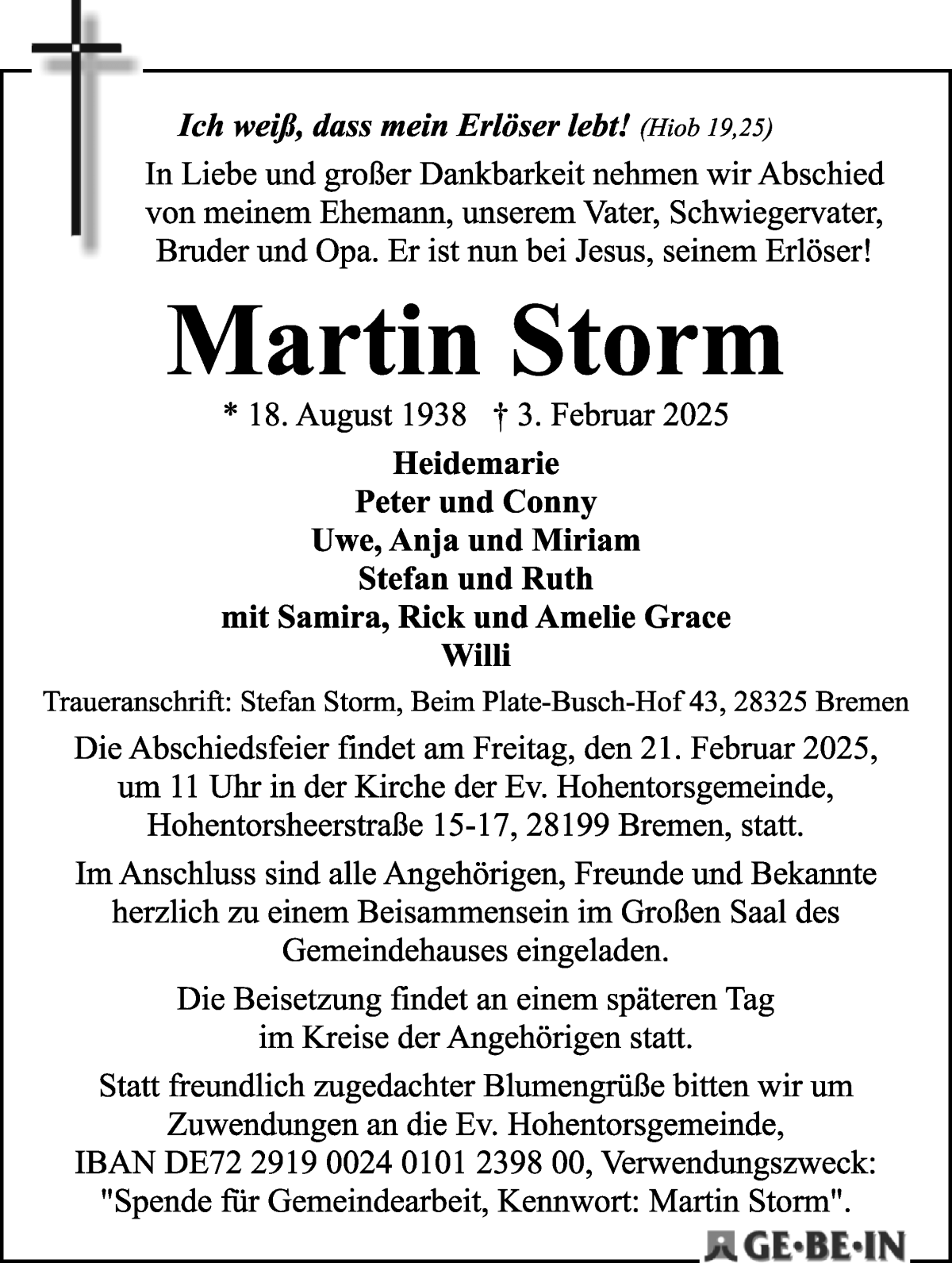 Traueranzeige von Martin Storm von WESER-KURIER