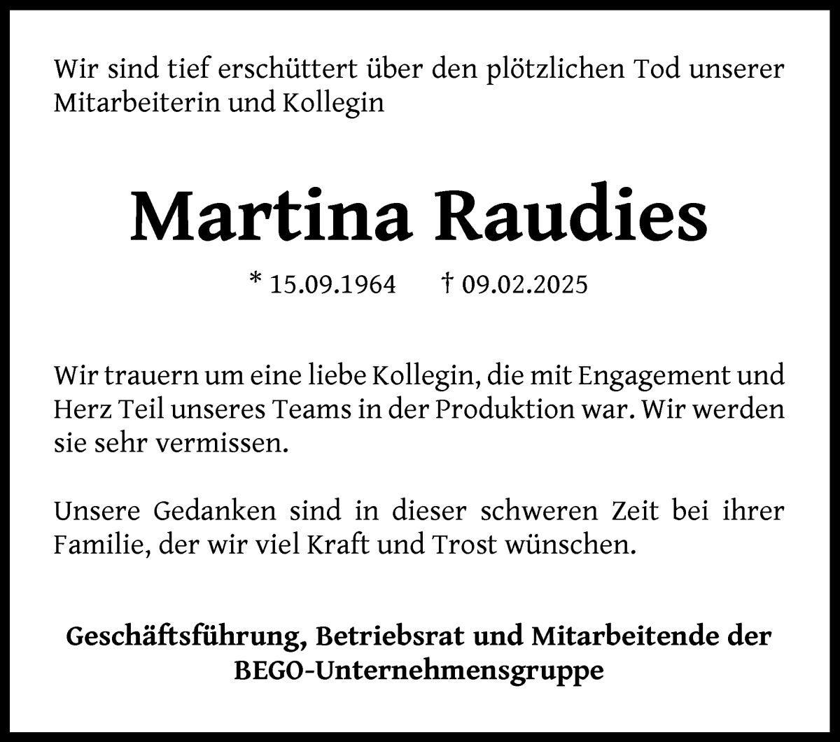 Traueranzeige von Martina Raudies von WESER-KURIER