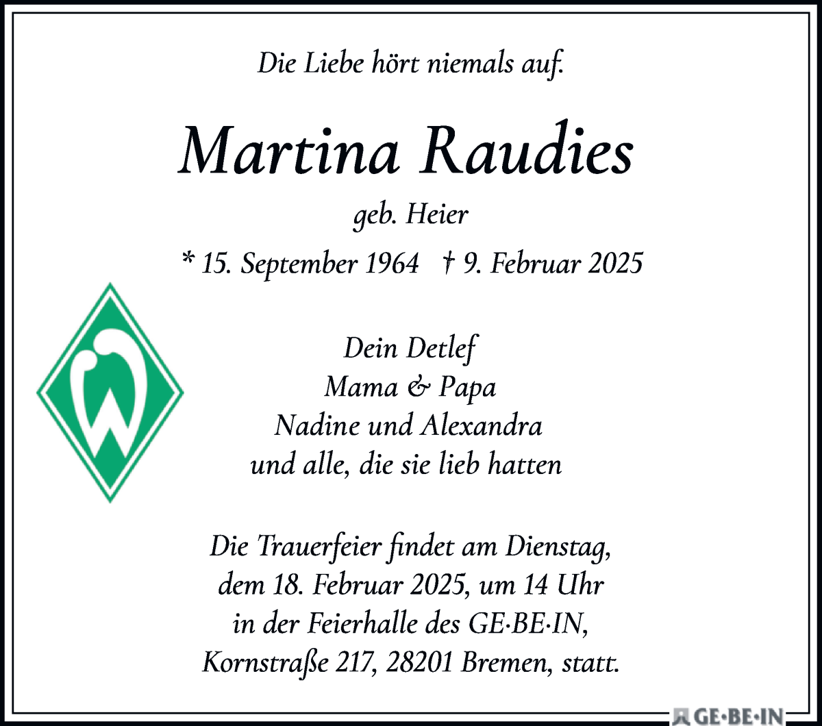 Traueranzeige von Martina Raudies von WESER-KURIER