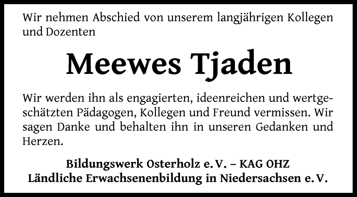 Traueranzeige von Meewes Tjaden von Osterholzer Kreisblatt