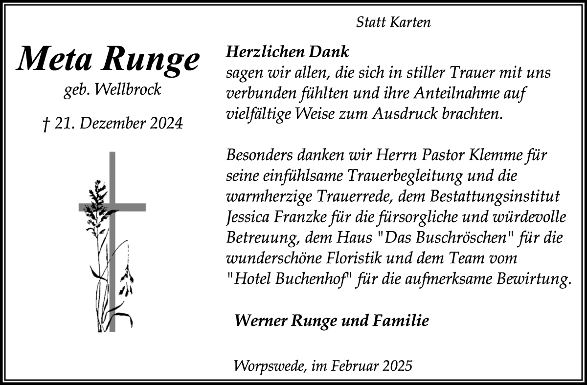 Traueranzeige von Meta Runge von Wuemme Zeitung