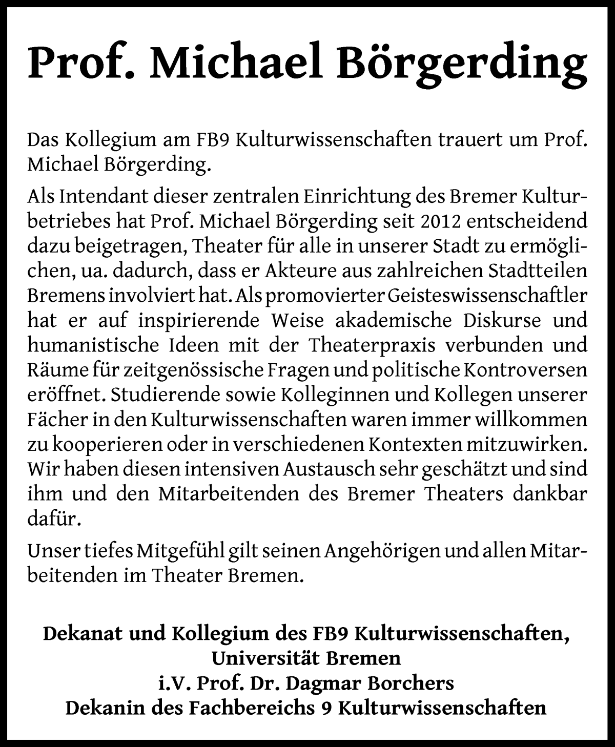 Traueranzeige von Michael Börgerding von WESER-KURIER