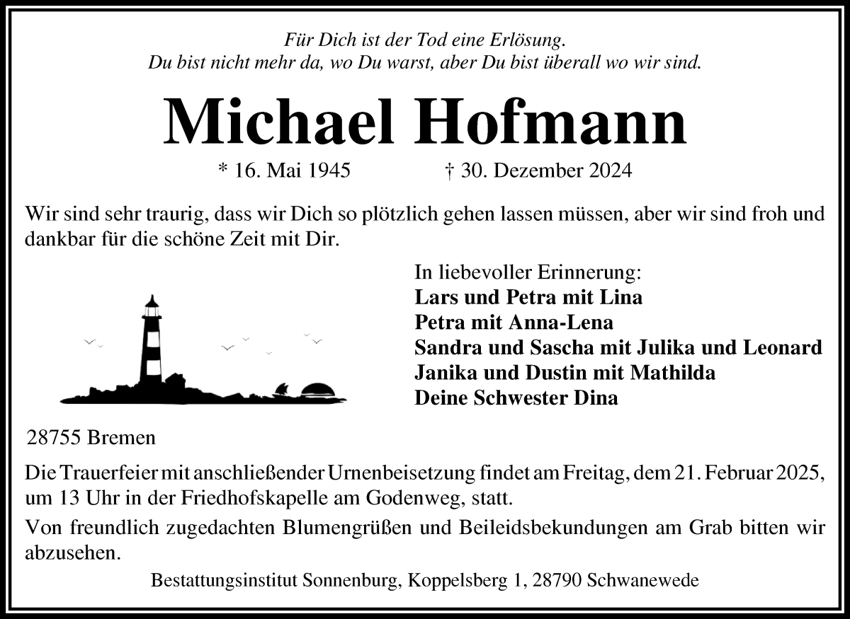 Traueranzeige von Michael Hofmann von Die Norddeutsche