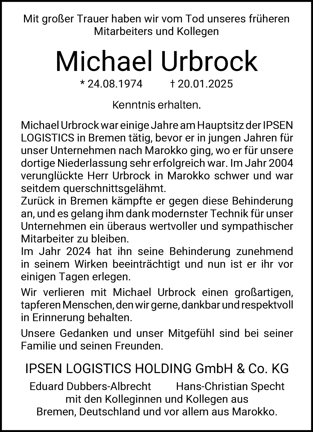 Traueranzeige von Michael Urbrock von WESER-KURIER