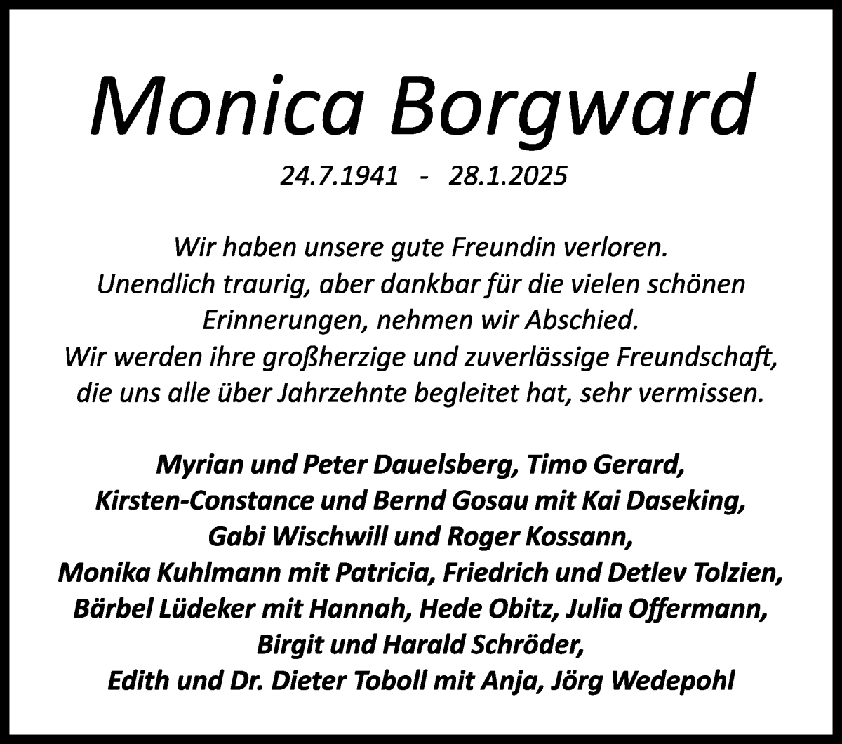 Traueranzeige von Monica Borgward von WESER-KURIER