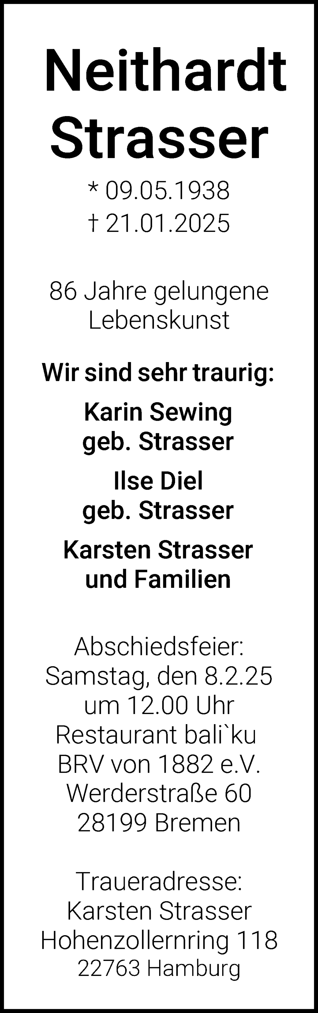 Traueranzeige von Neithardt Strasser von WESER-KURIER