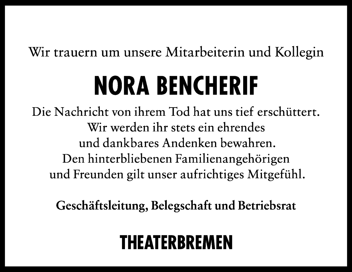 Traueranzeige von Nora Bencherif von WESER-KURIER