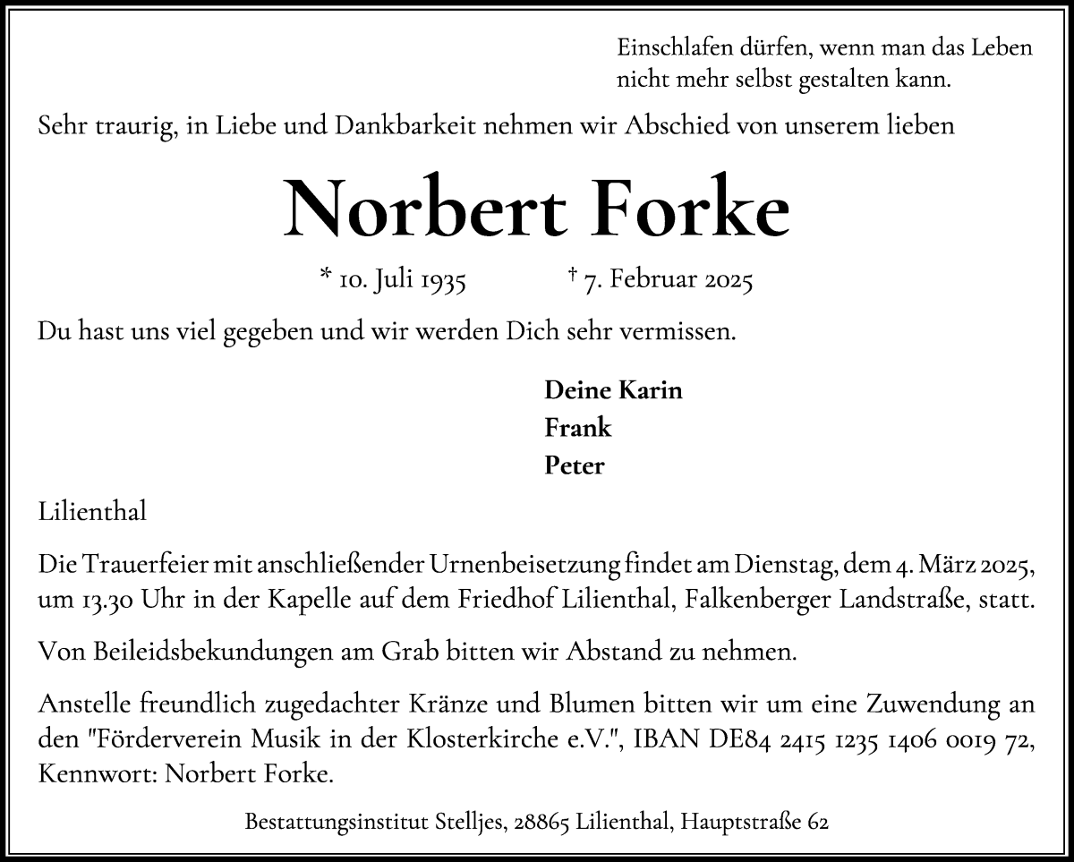 Traueranzeige von Norbert Forke von Wuemme Zeitung