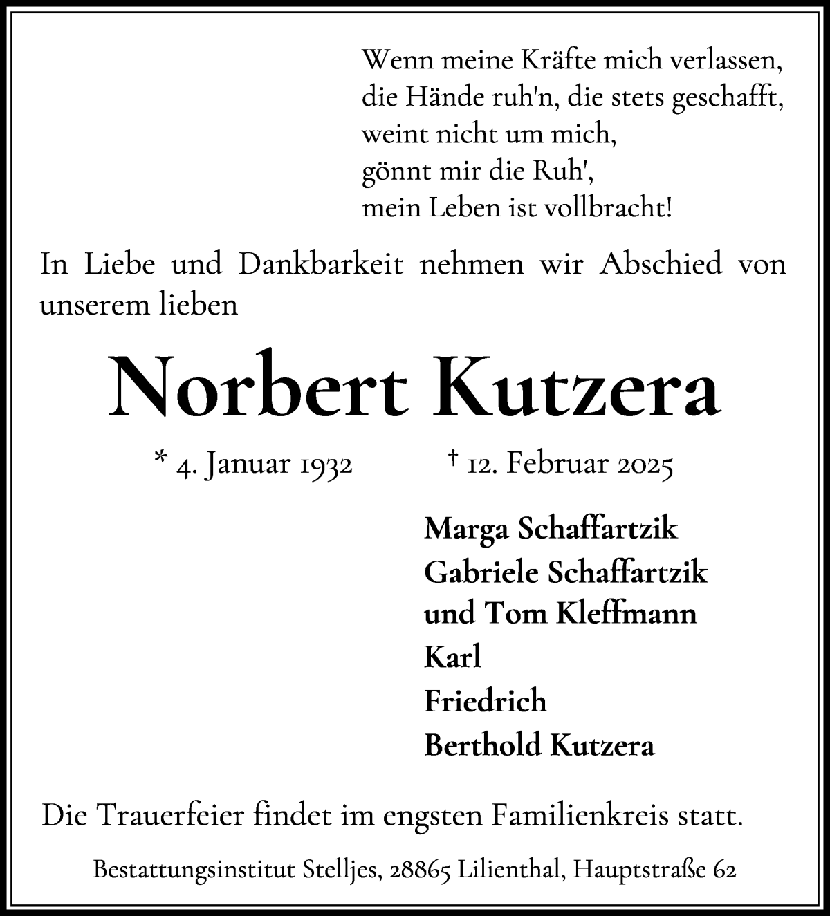 Traueranzeige von Norbert Kutzera von Wuemme Zeitung
