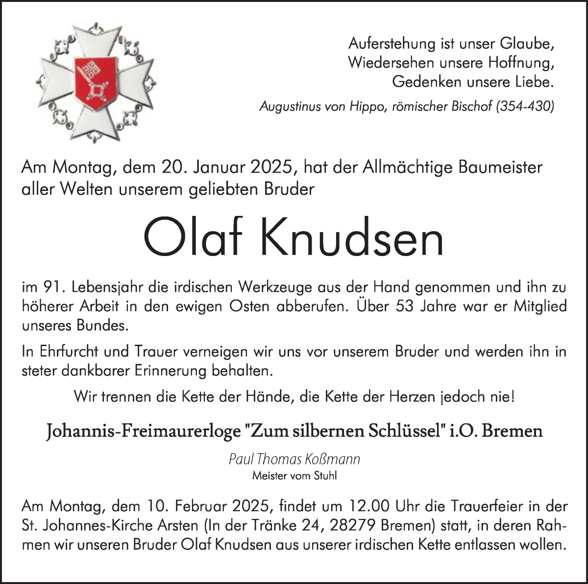 Traueranzeige von Olaf Knudsen von WESER-KURIER