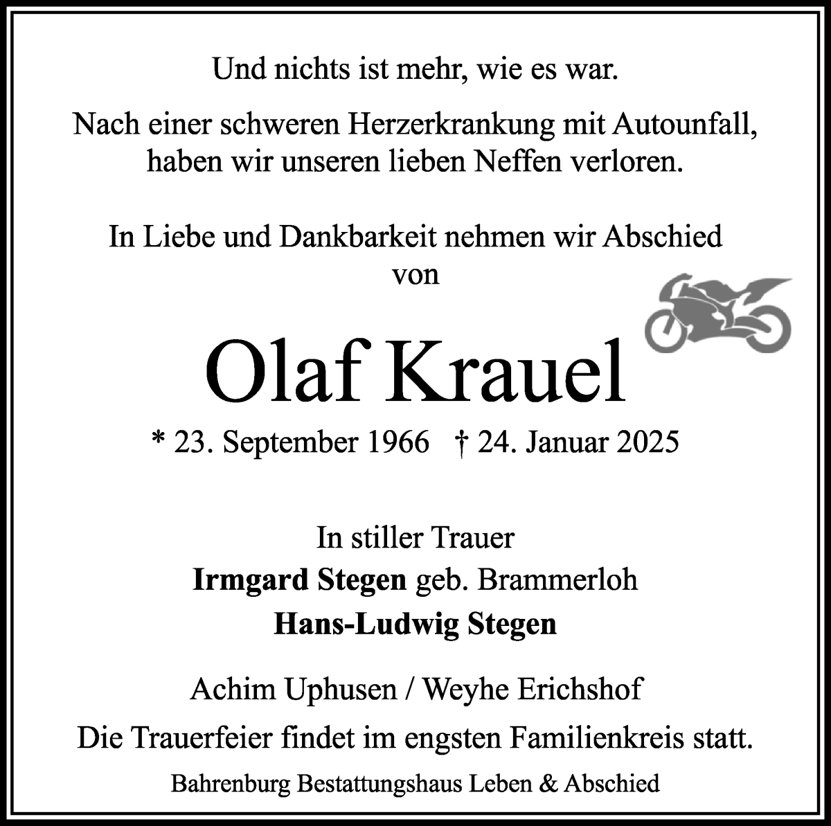 Traueranzeige von Olaf Krauel von WESER-KURIER