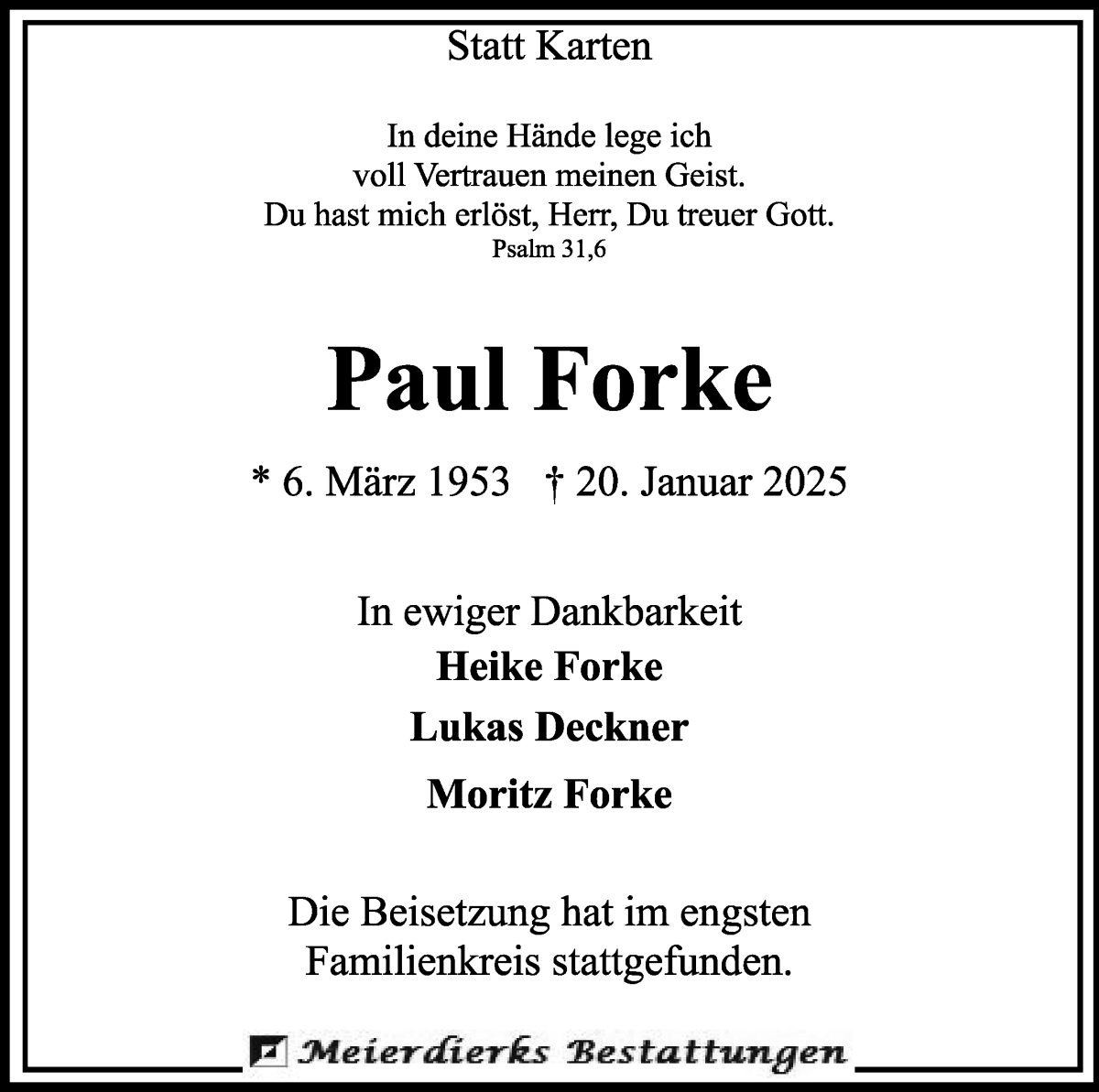 Traueranzeige von Paul Forke von Wuemme Zeitung