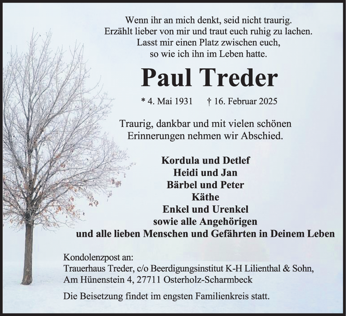 Traueranzeige von Paul Treder von Osterholzer Kreisblatt