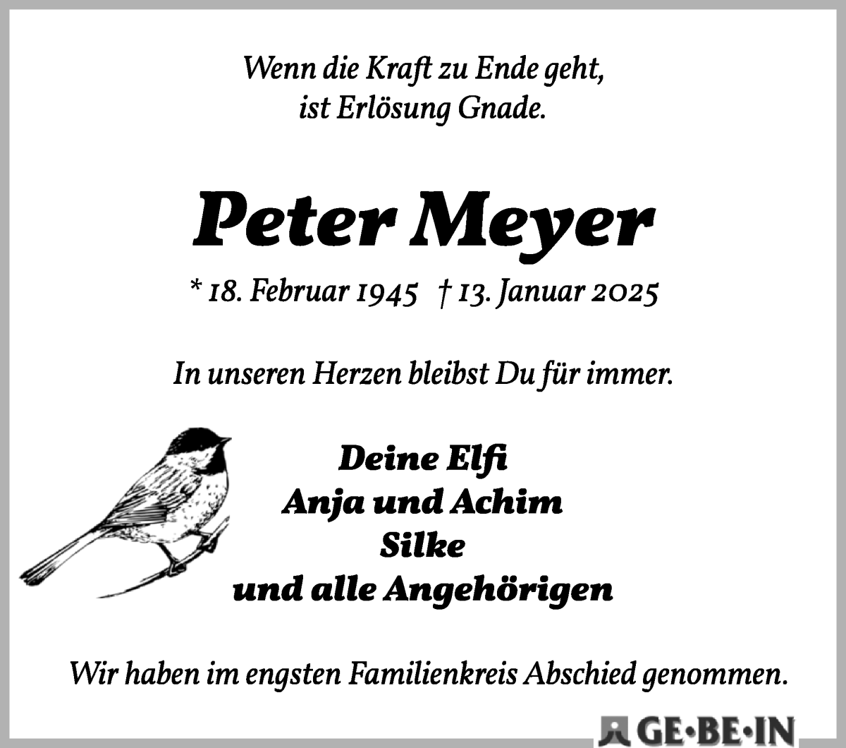 Traueranzeige von Peter Meyer von Die Norddeutsche