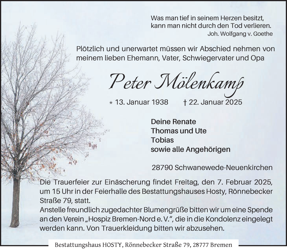 Traueranzeige von Peter Mölenkamp von Die Norddeutsche