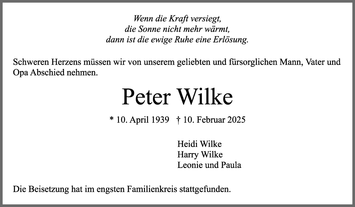 Traueranzeige von Peter Wilke von WESER-KURIER