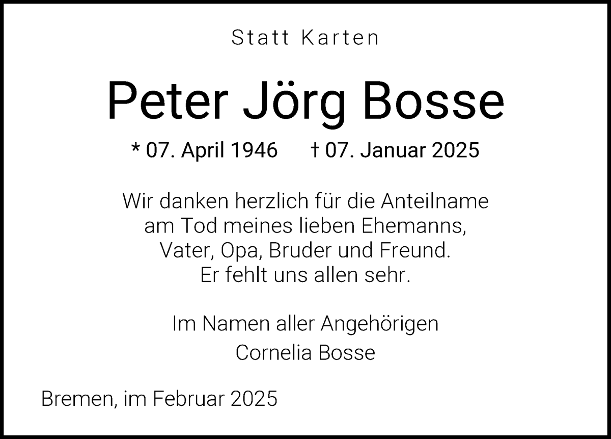 Traueranzeige von Peter Jörg Bosse von WESER-KURIER