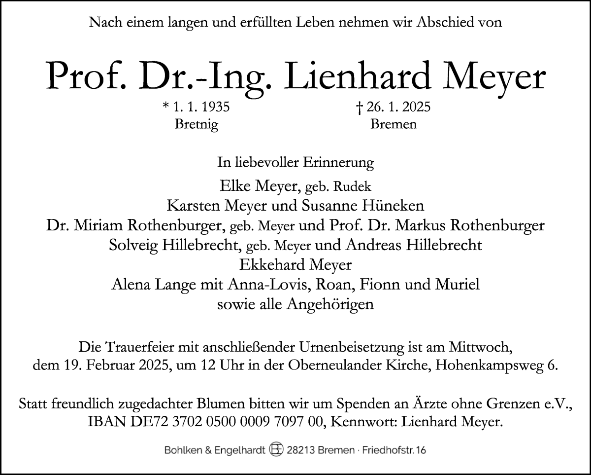 Traueranzeige von Prof. Dr.- Ing. Lienhard Meyer von WESER-KURIER