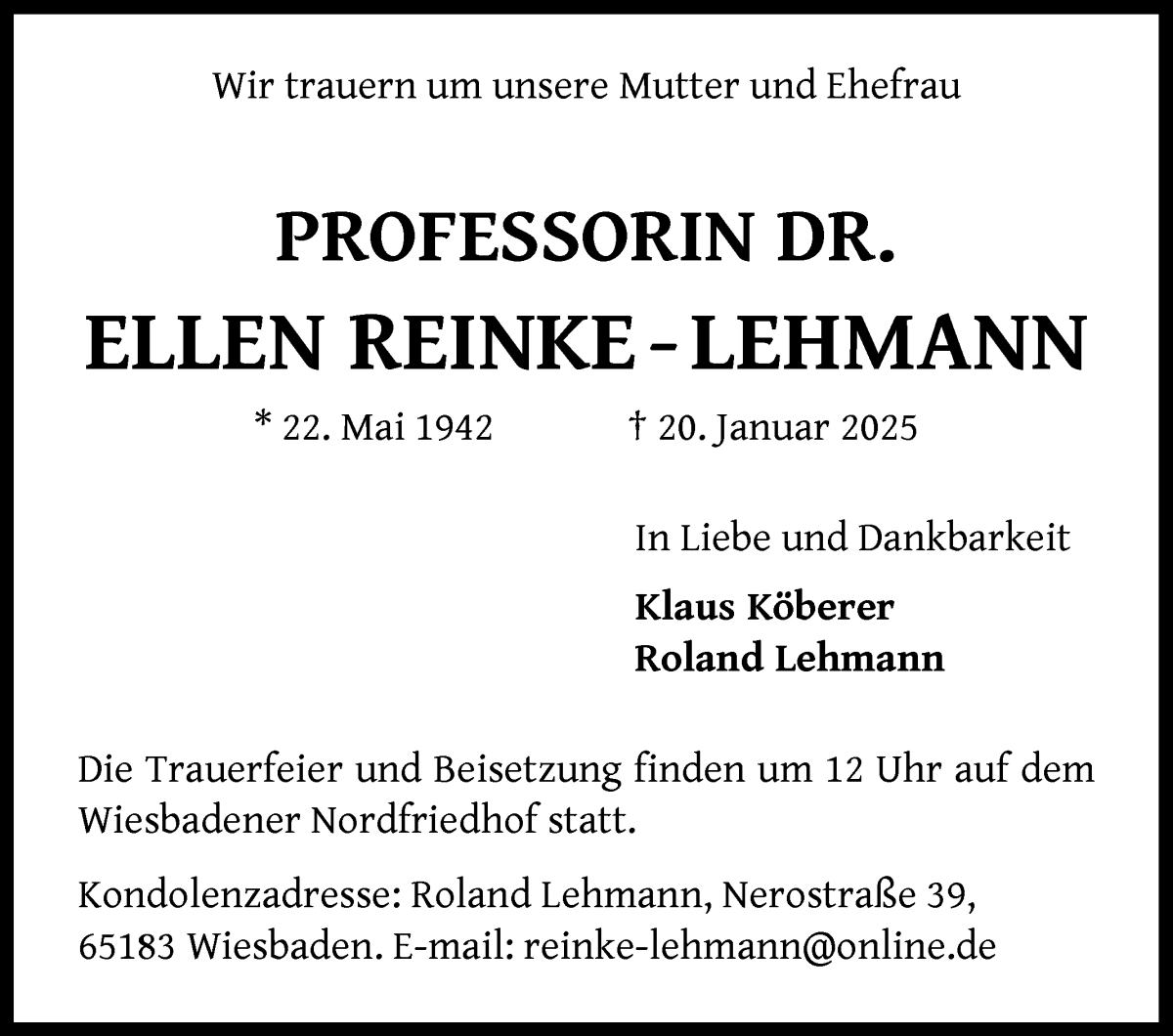 Traueranzeige von Prof. Dr. Ellen Reinke-Lehmann von WESER-KURIER