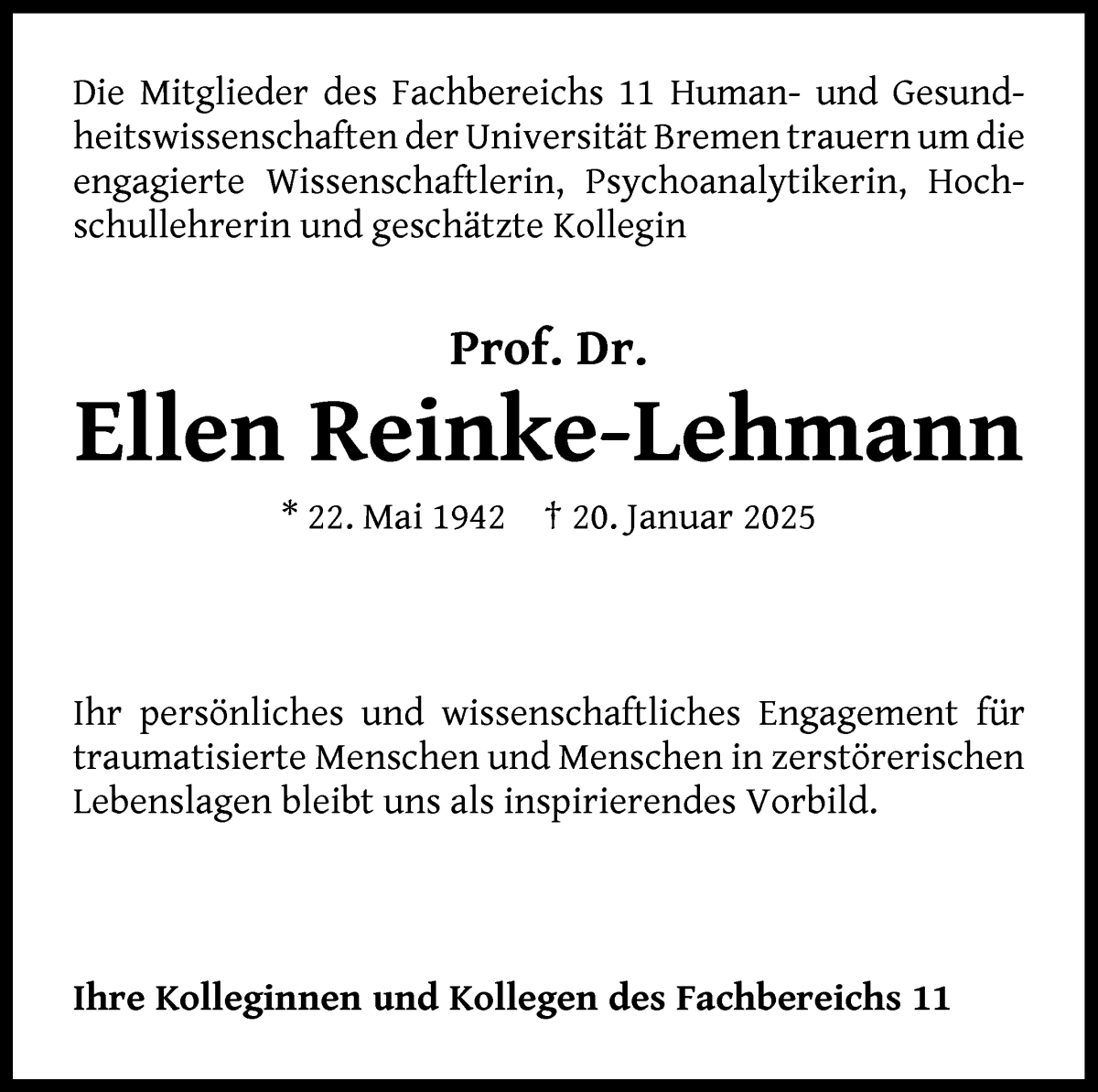 Traueranzeige von Prof. Dr. Ellen Reinke-Lehmann von WESER-KURIER