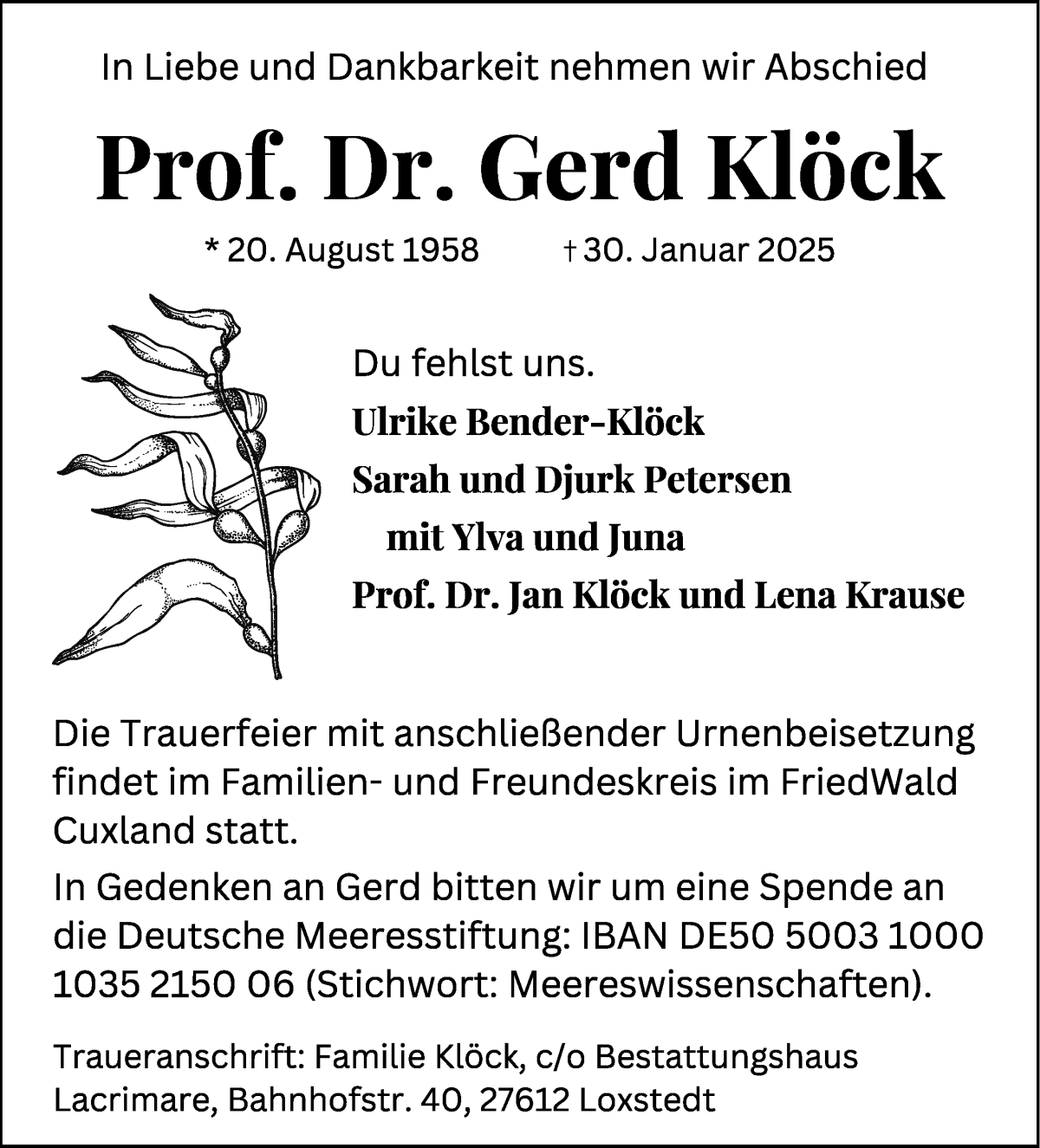 Traueranzeige von Prof. Dr. Gerd Klöck von WESER-KURIER